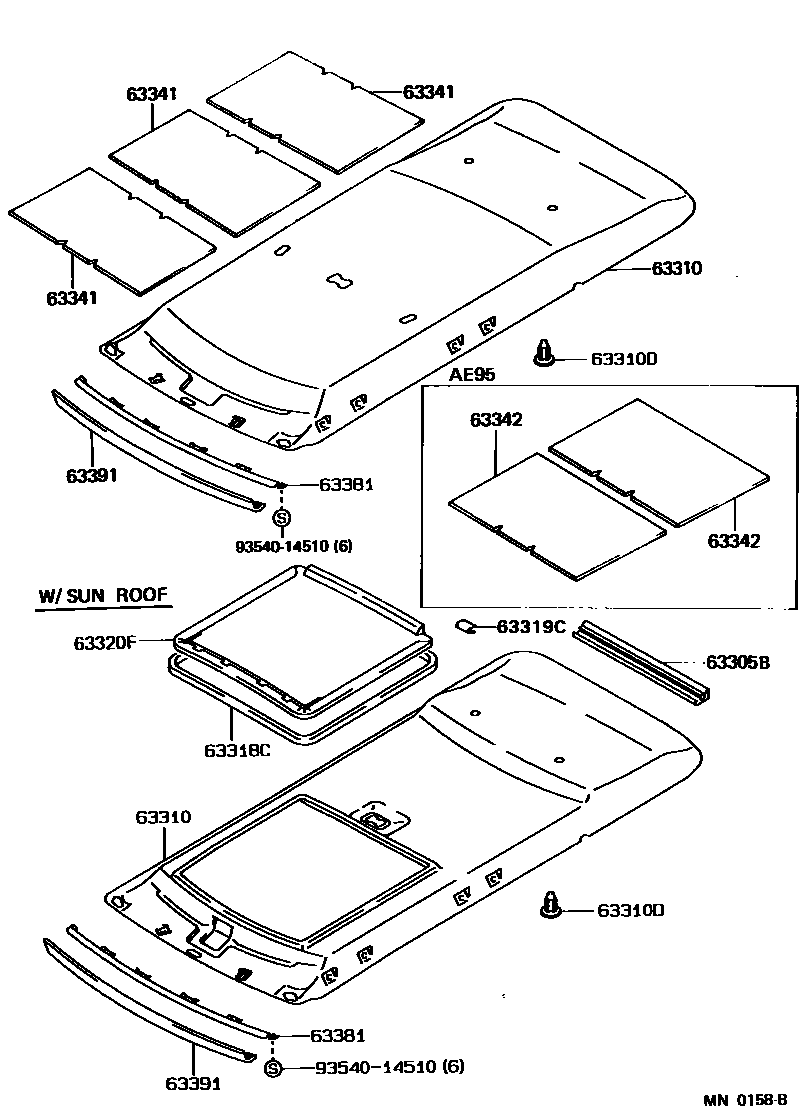 Toyota COROLLA 车顶内衬和消声垫 EPC diagram — MN0158B