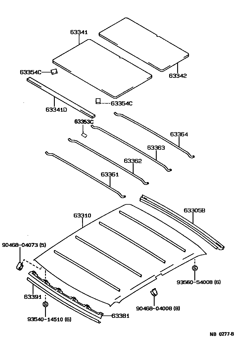 Toyota COROLLA 车顶内衬和消声垫 EPC diagram — NB0277B