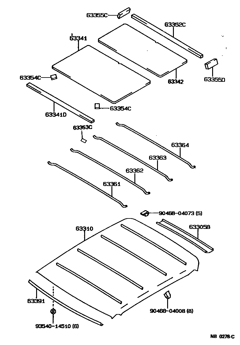 Toyota COROLLA 车顶内衬和消声垫 EPC diagram — NB0278C
