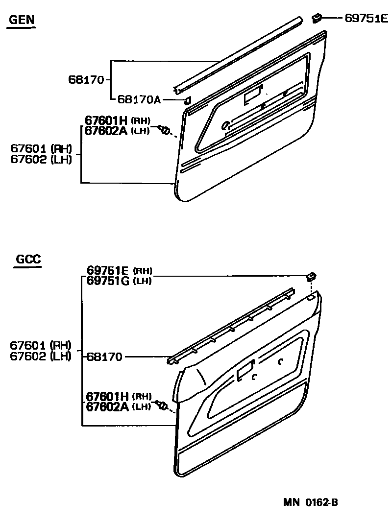 Toyota COROLLA 前门板和前门玻璃 EPC diagram — MN0162B