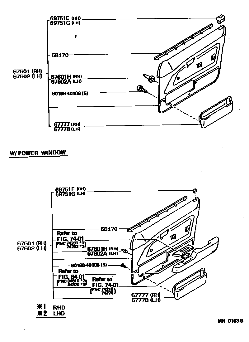 Toyota COROLLA 前门板和前门玻璃 EPC diagram — MN0163B