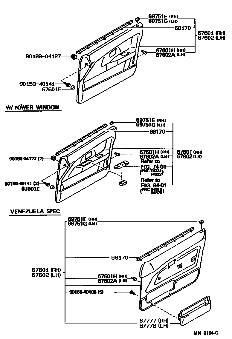 Toyota COROLLA 前门板和前门玻璃 EPC diagram — MN0164C