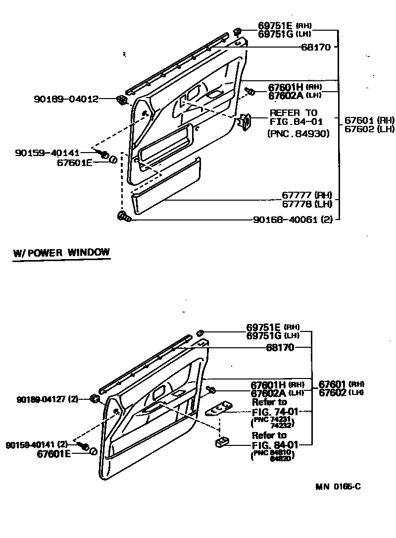 Toyota COROLLA 前门板和前门玻璃 EPC diagram — MN0165C