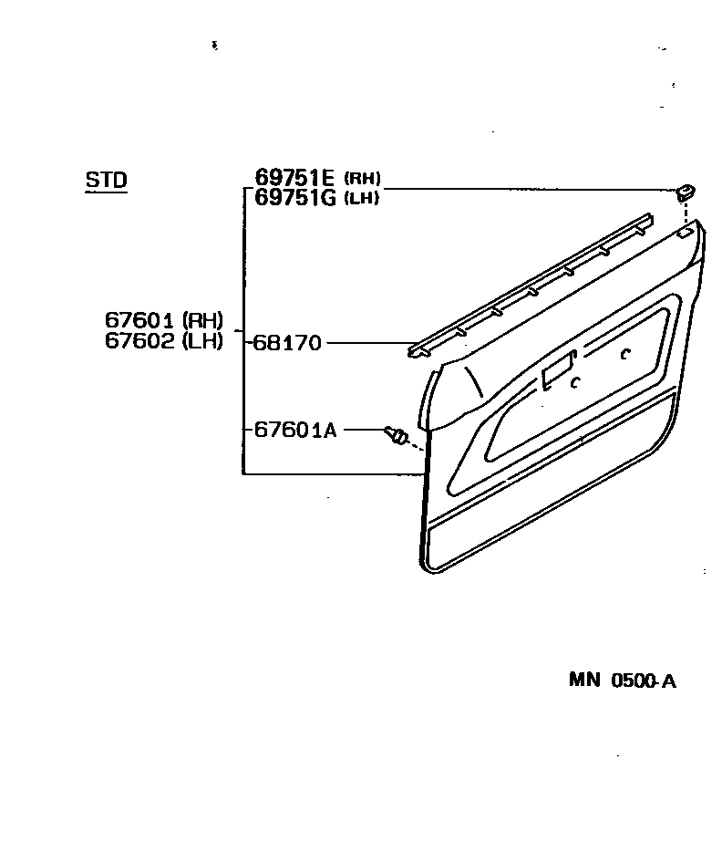 Toyota COROLLA 前门板和前门玻璃 EPC diagram — MN0500A