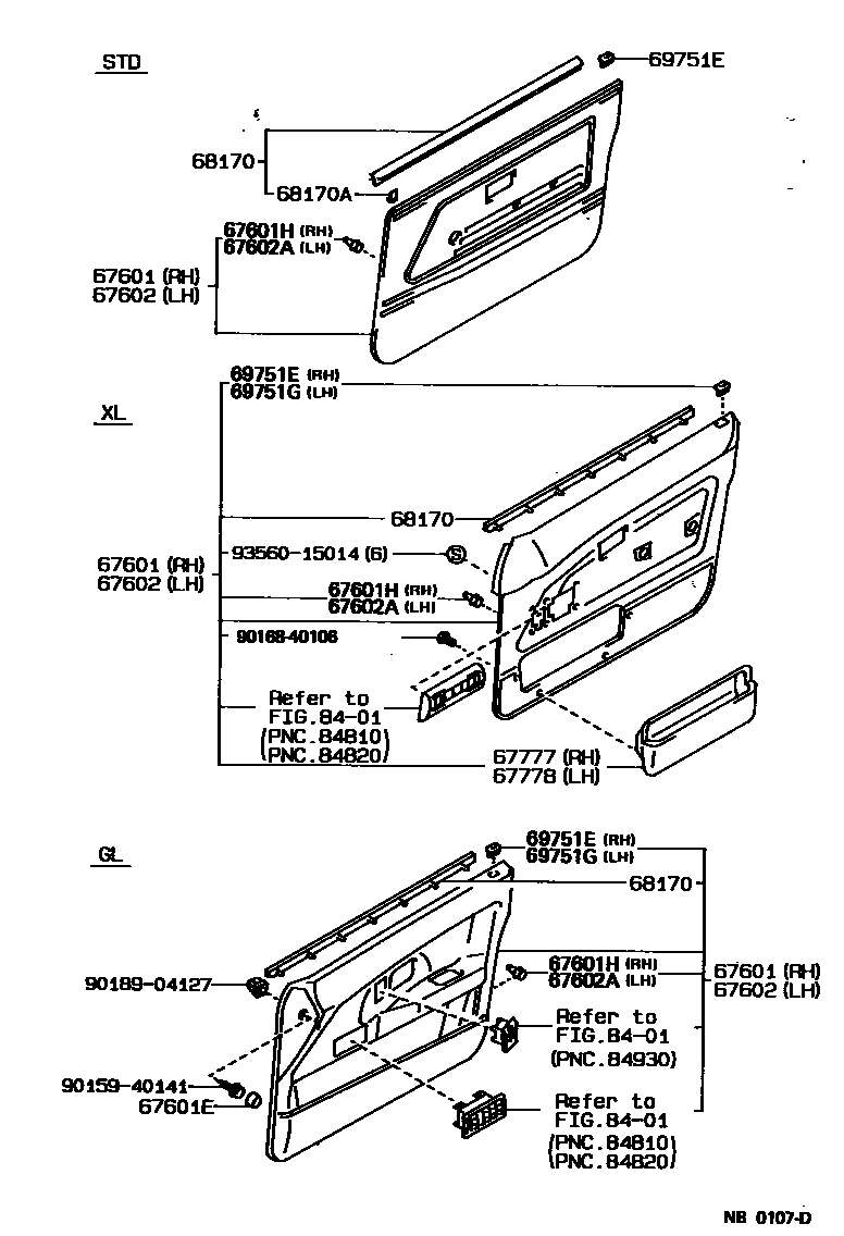 Toyota COROLLA 前门板和前门玻璃 EPC diagram — NB0107D