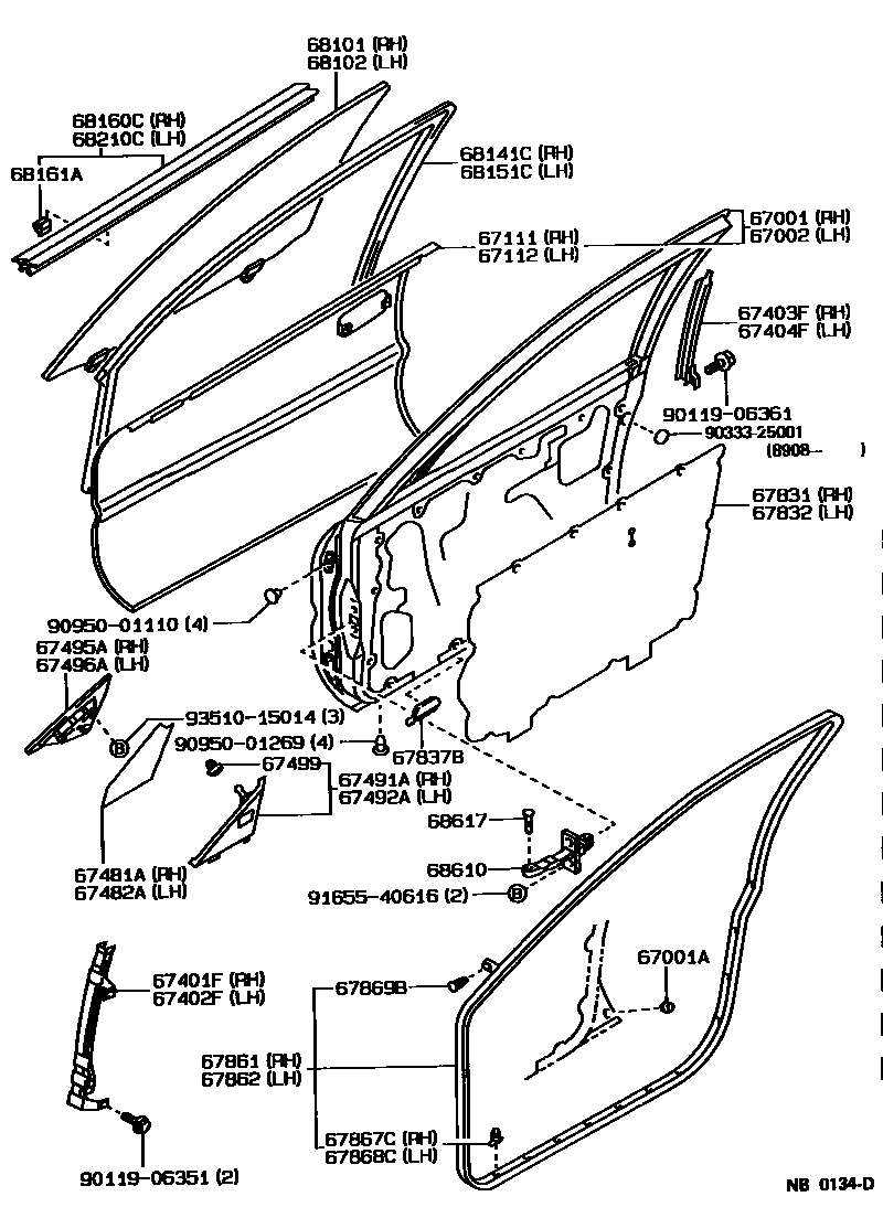 Toyota COROLLA 前门板和前门玻璃 EPC diagram — NB0134D