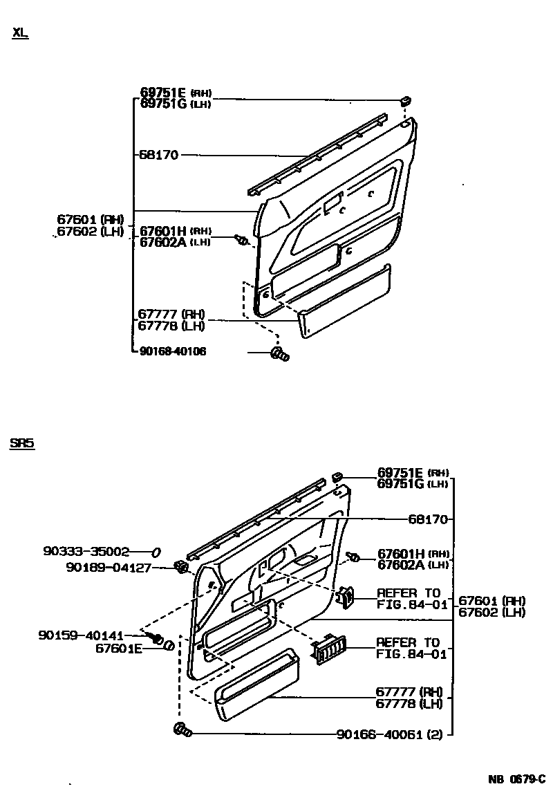 Toyota COROLLA 前门板和前门玻璃 EPC diagram — NB0679C