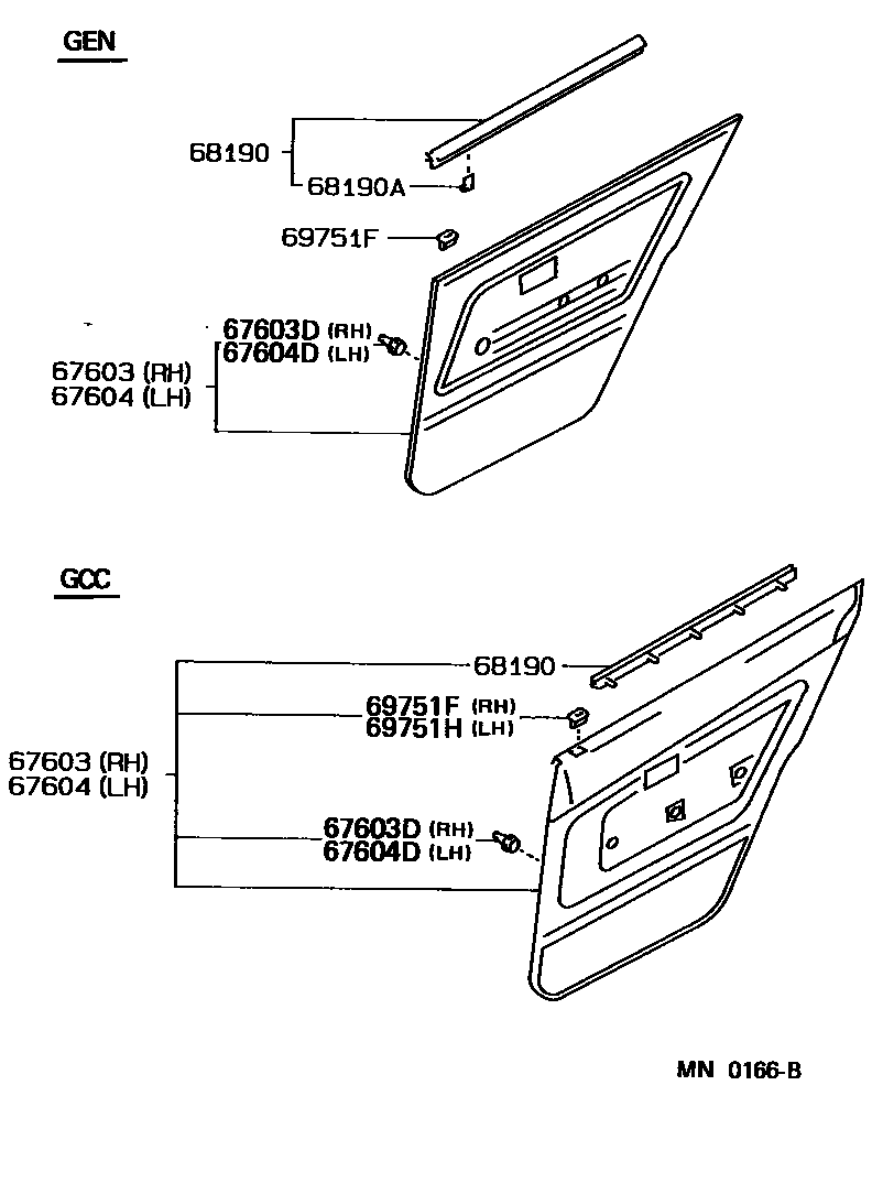 Toyota COROLLA 后门板和后门玻璃 EPC diagram — MN0166B