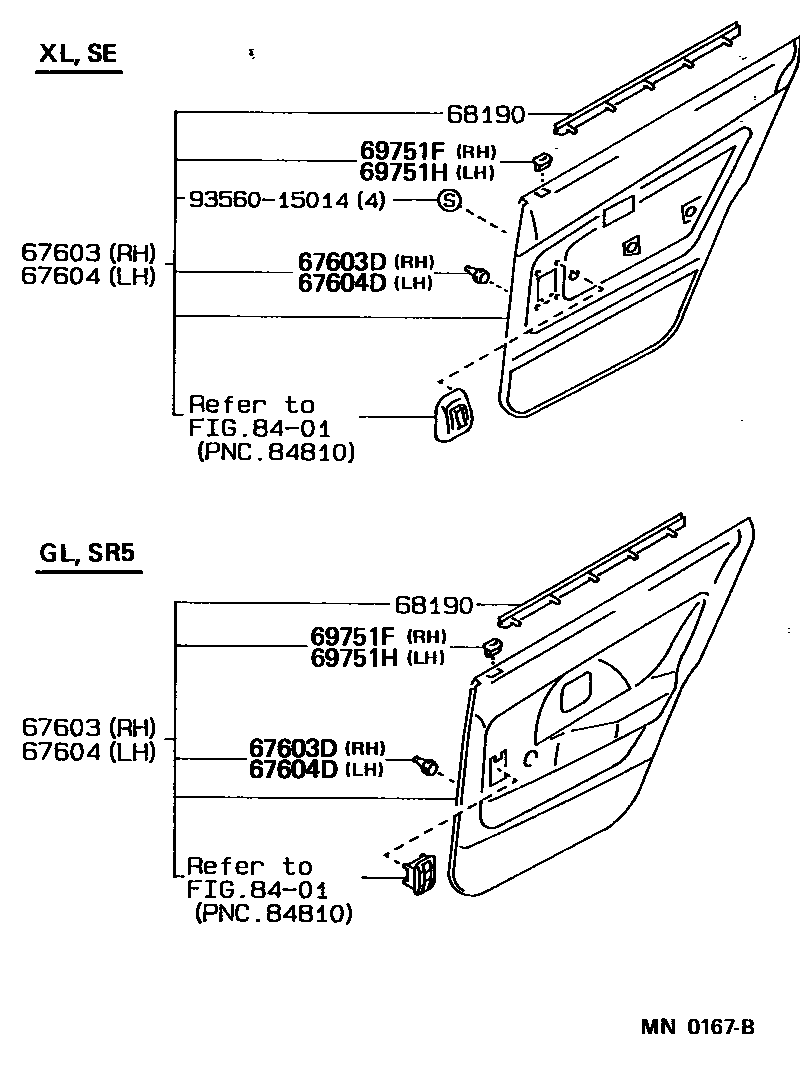 Toyota COROLLA 后门板和后门玻璃 EPC diagram — MN0167B
