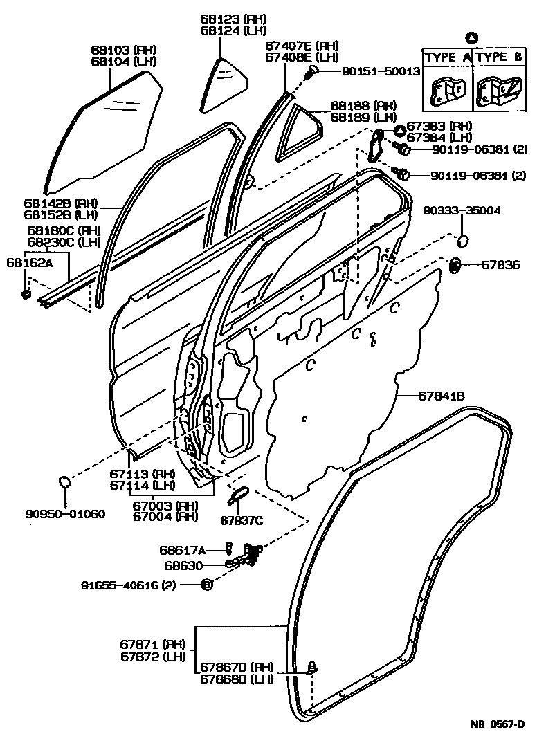 Toyota COROLLA 后门板和后门玻璃 EPC diagram — NB0567D