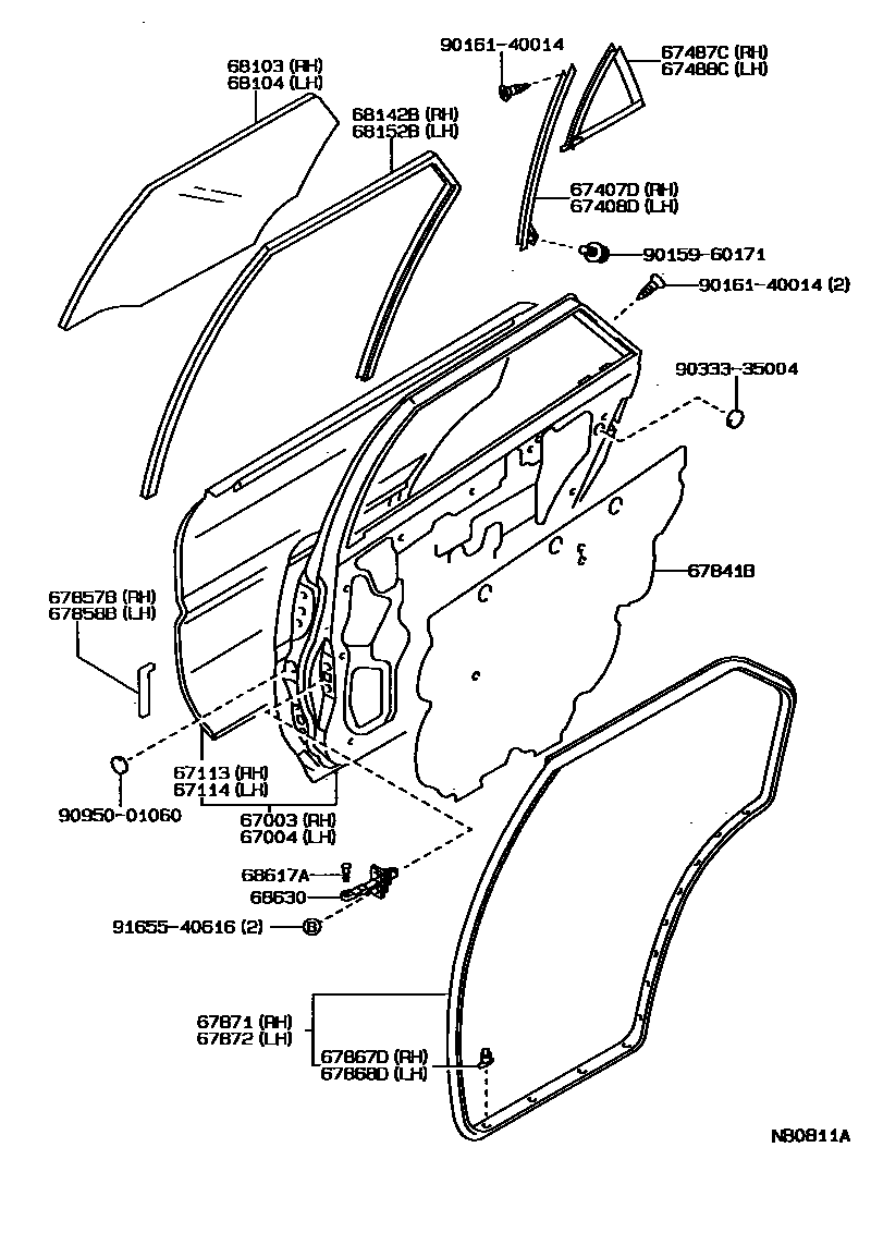 Toyota COROLLA 后门板和后门玻璃 EPC diagram — NB0811A