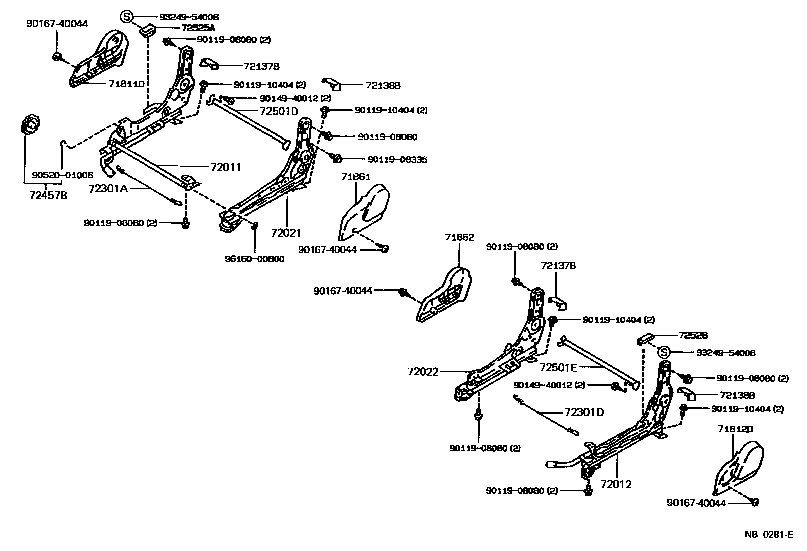 Toyota COROLLA 前排座椅和座椅滑轨 EPC diagram — NB0281E