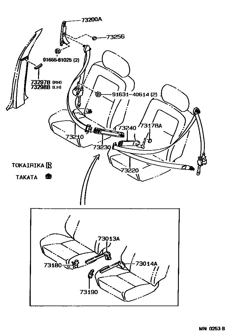 Toyota COROLLA 安全带和儿童保护座椅 EPC diagram — MN0253B