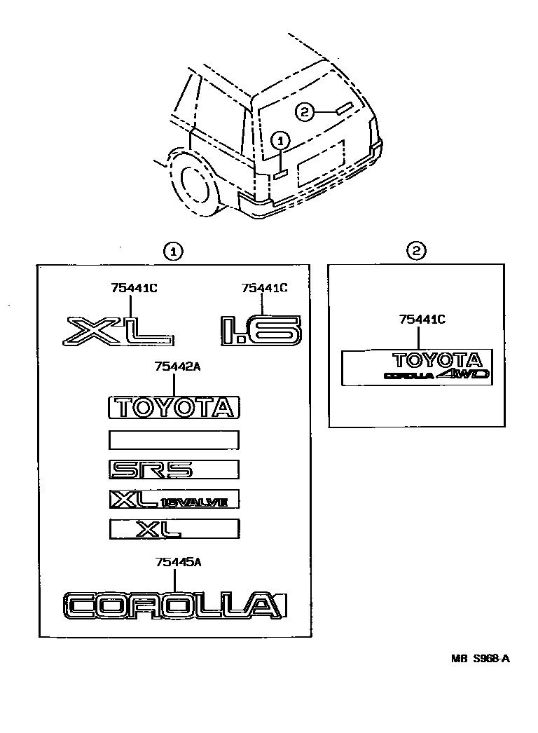 Toyota COROLLA 丰田徽标和铭牌(车外和车内) EPC diagram — MBS968A