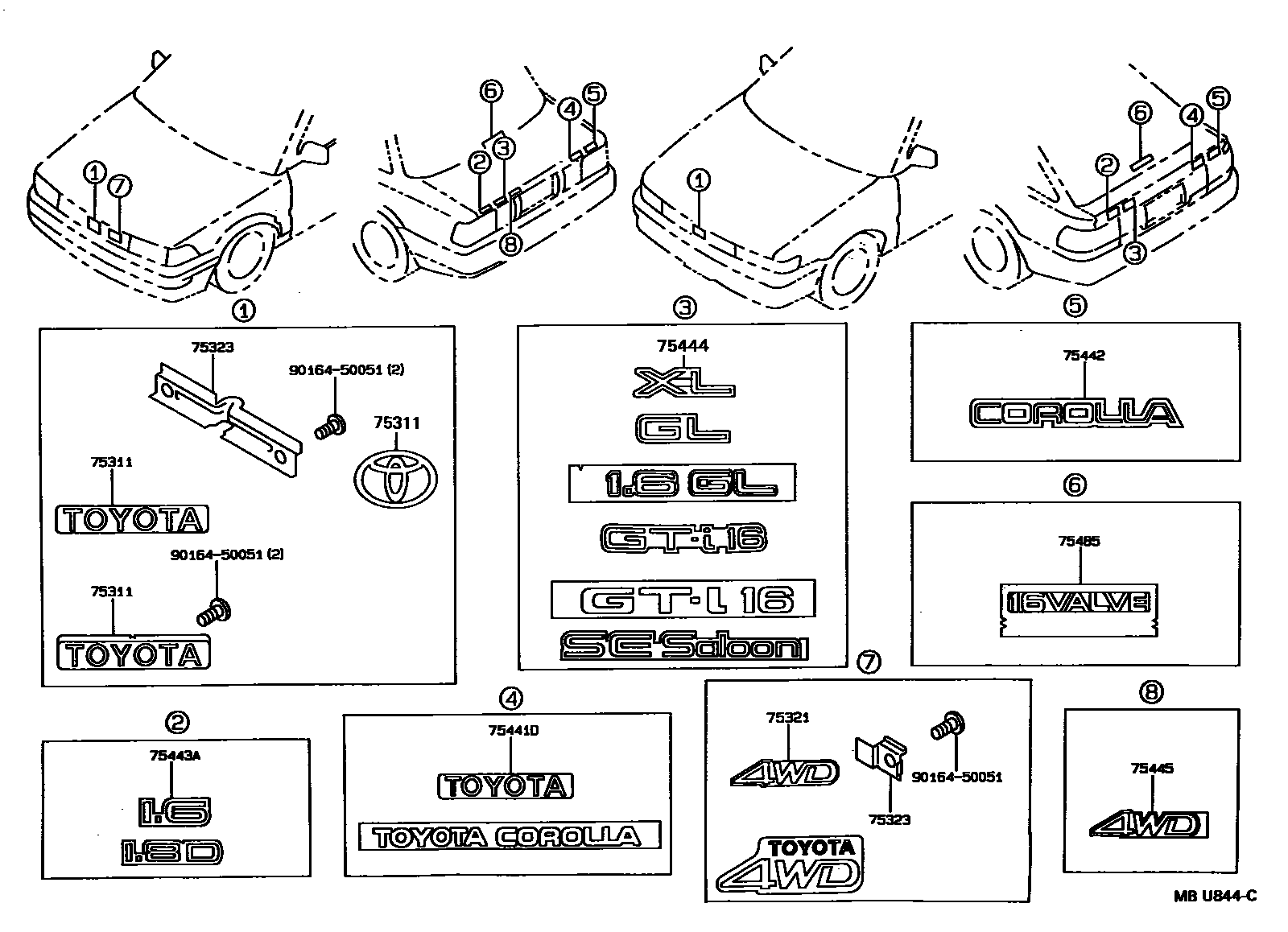 Toyota COROLLA 丰田徽标和铭牌(车外和车内) EPC diagram — MBU844C