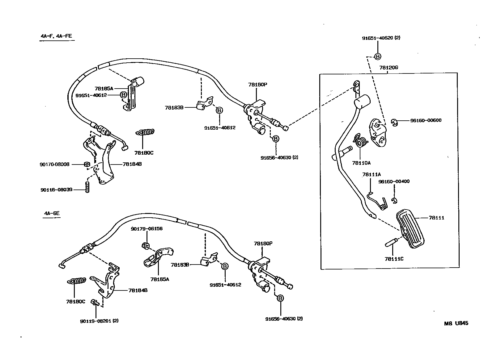 Toyota COROLLA accelerator pedal connecting rod EPC diagram — MBU845