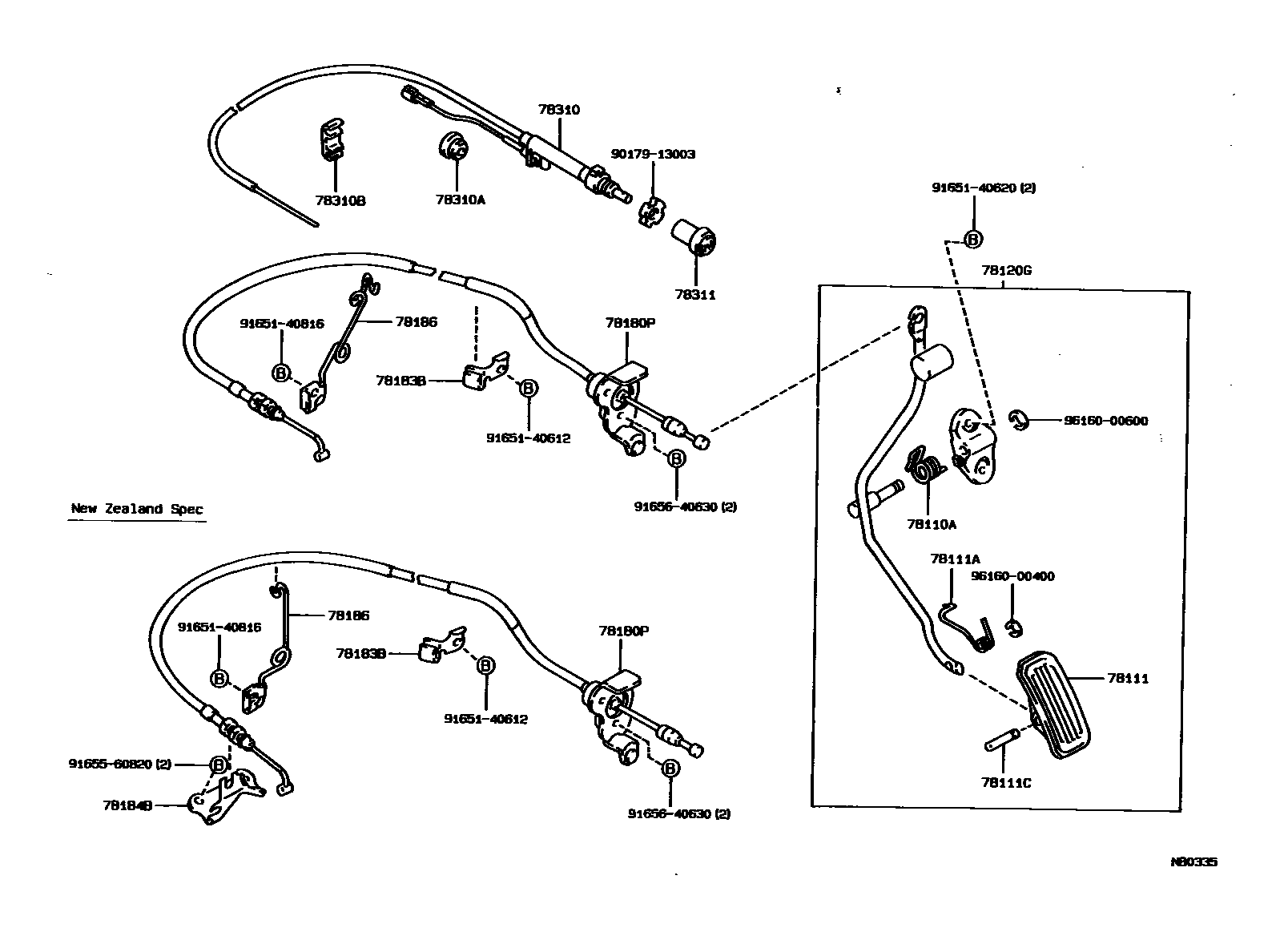 Toyota COROLLA accelerator pedal connecting rod EPC diagram — NB0335