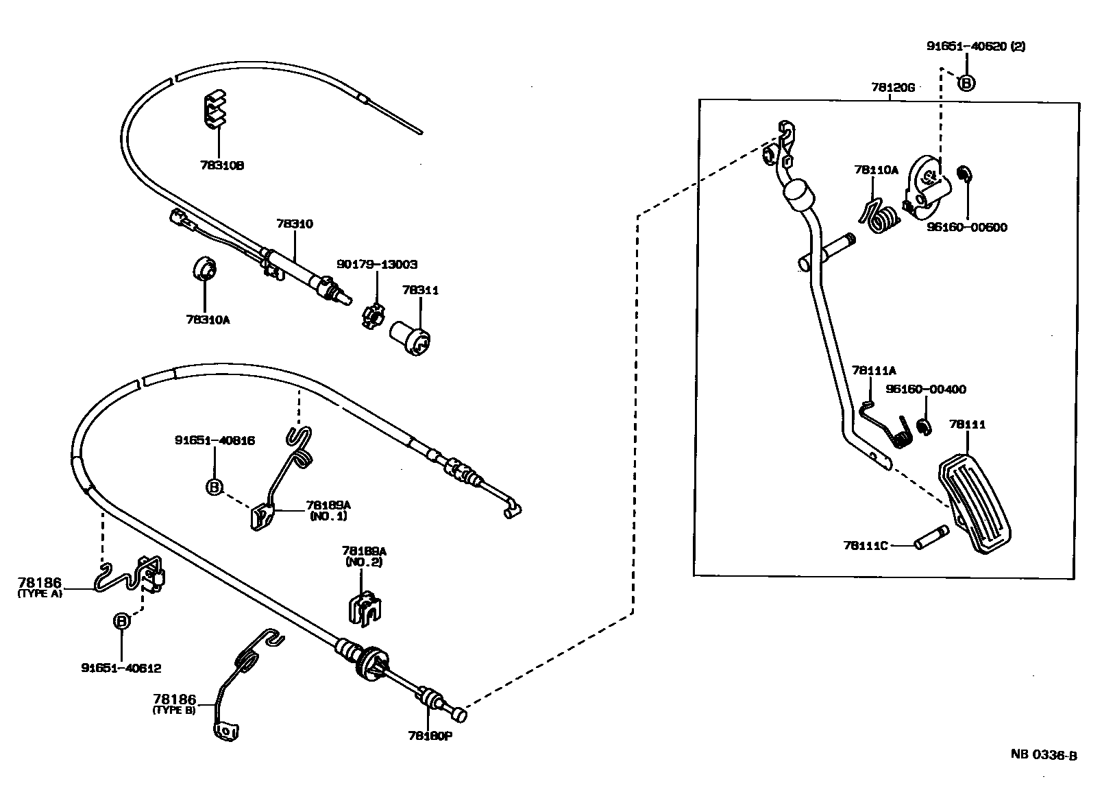 Toyota COROLLA accelerator pedal connecting rod EPC diagram — NB0336B