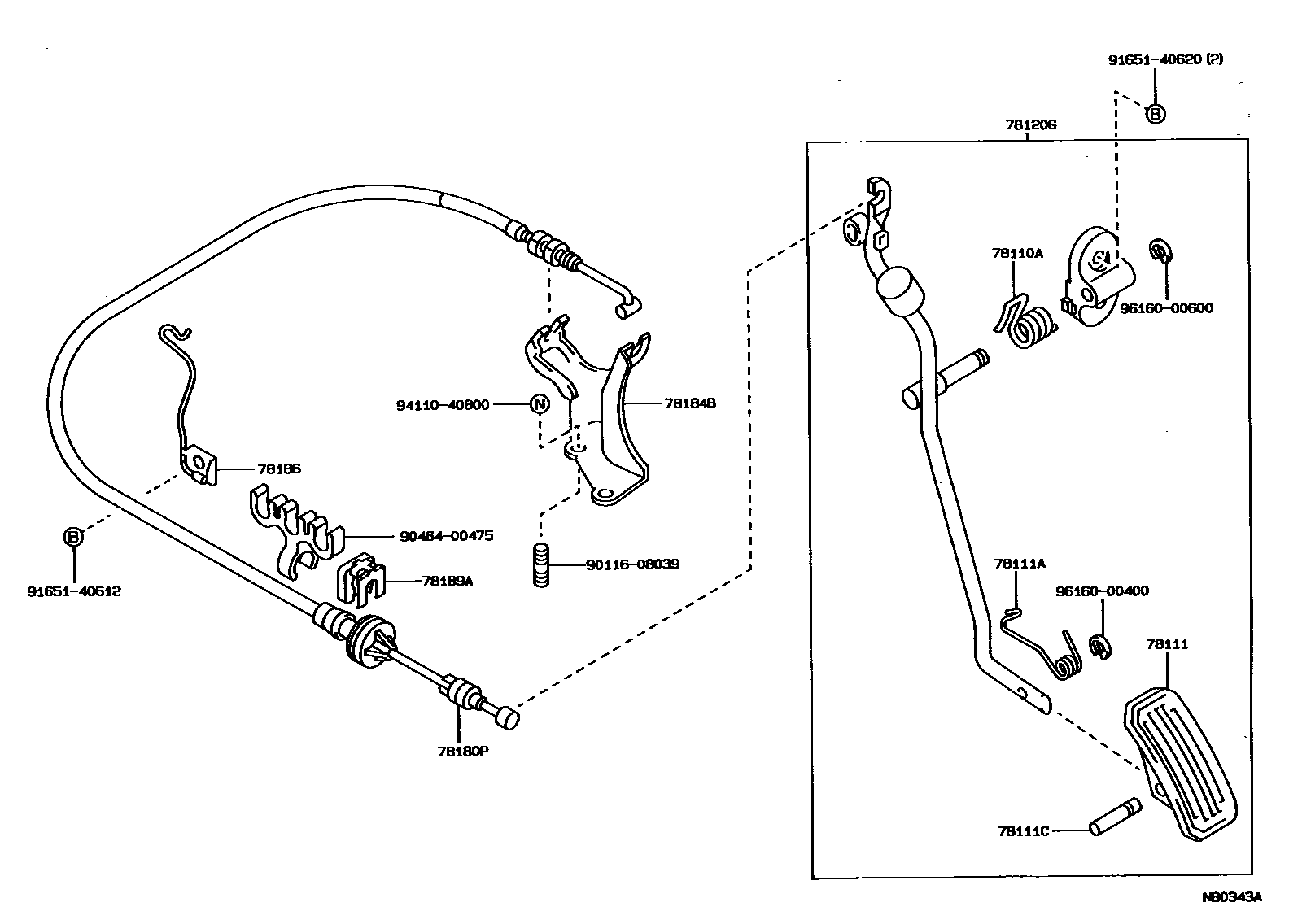 Toyota COROLLA accelerator pedal connecting rod EPC diagram — NB0343A