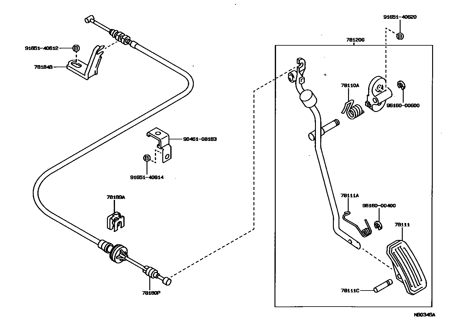 Toyota COROLLA accelerator pedal connecting rod EPC diagram — NB0345A