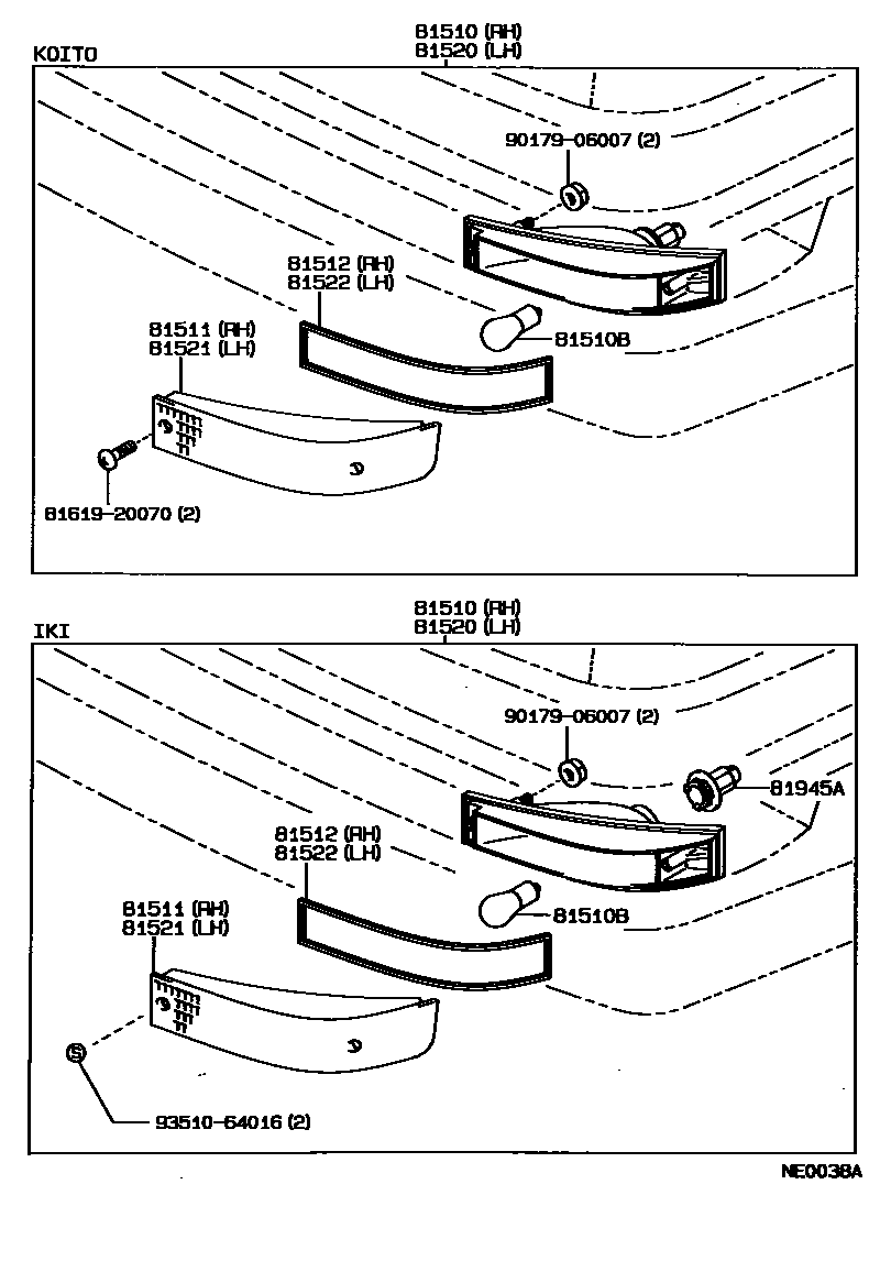 Toyota COROLLA 前转向灯 EPC diagram — NE0038A