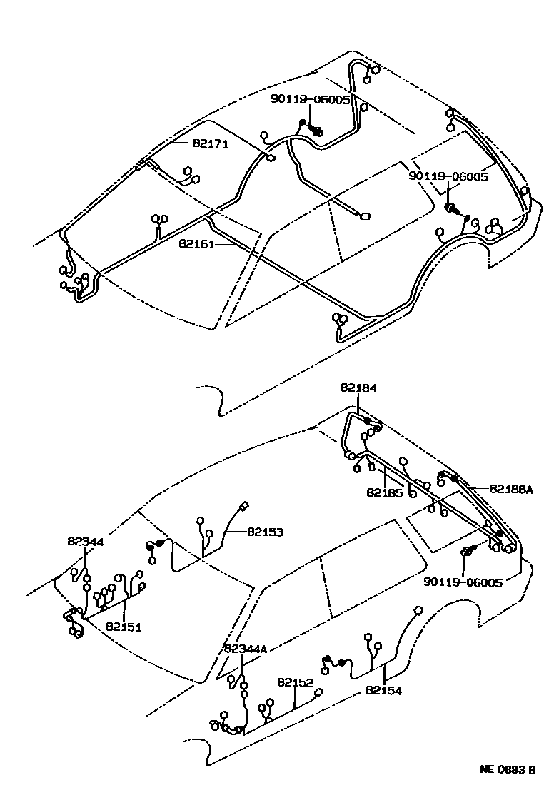 Toyota COROLLA 线束和卡夹 EPC diagram — NE0883B