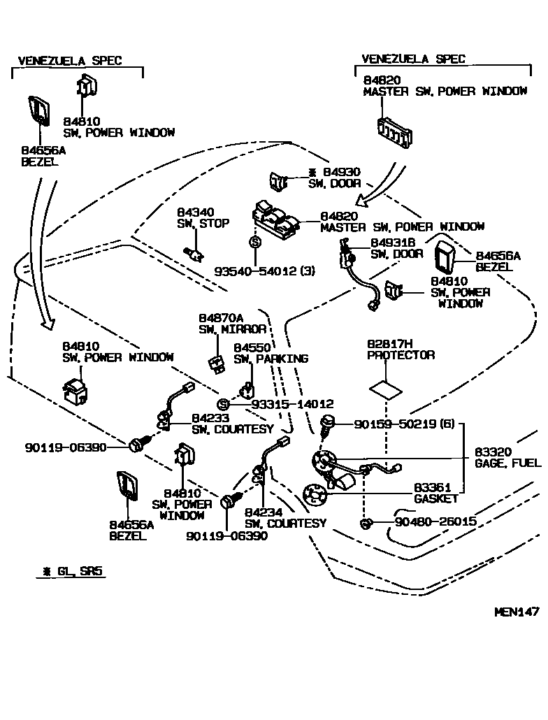 Toyota COROLLA 开关和继电器和ECU EPC diagram — MEN147