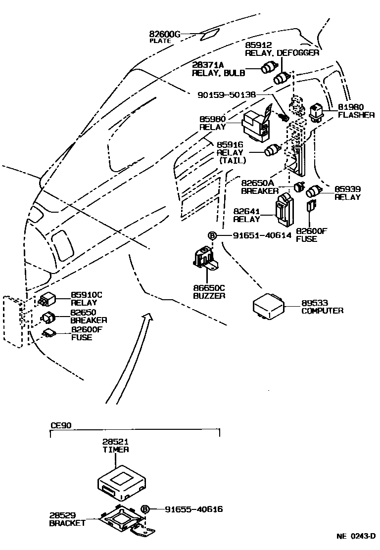 Toyota COROLLA 开关和继电器和ECU EPC diagram — NE0243D