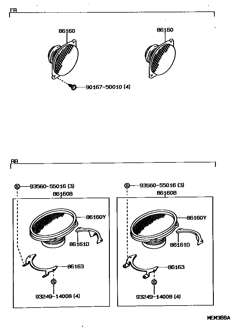 Toyota COROLLA 扬声器 EPC diagram — MEM366A