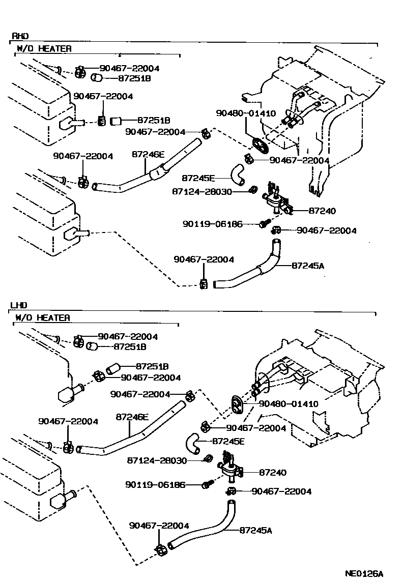 Toyota COROLLA 暖风和空调系统 - 水管 EPC diagram — NE0126A