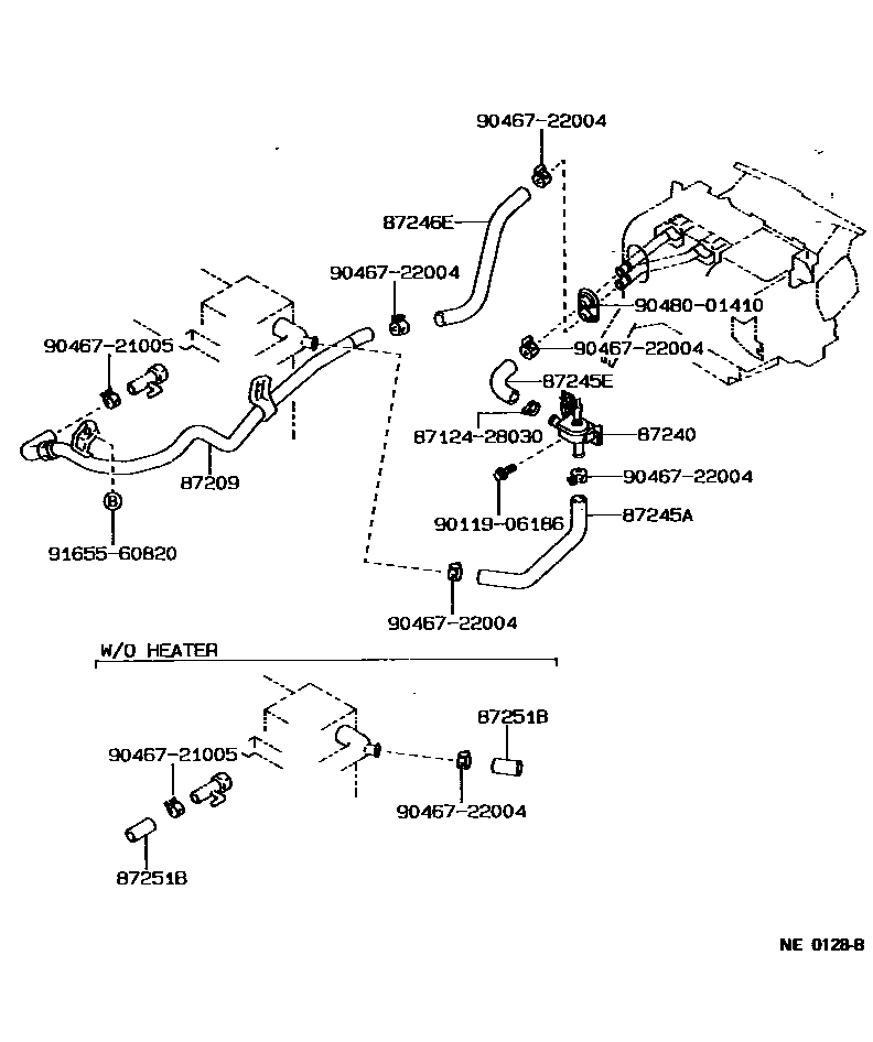 Toyota COROLLA 暖风和空调系统 - 水管 EPC diagram — NE0128B