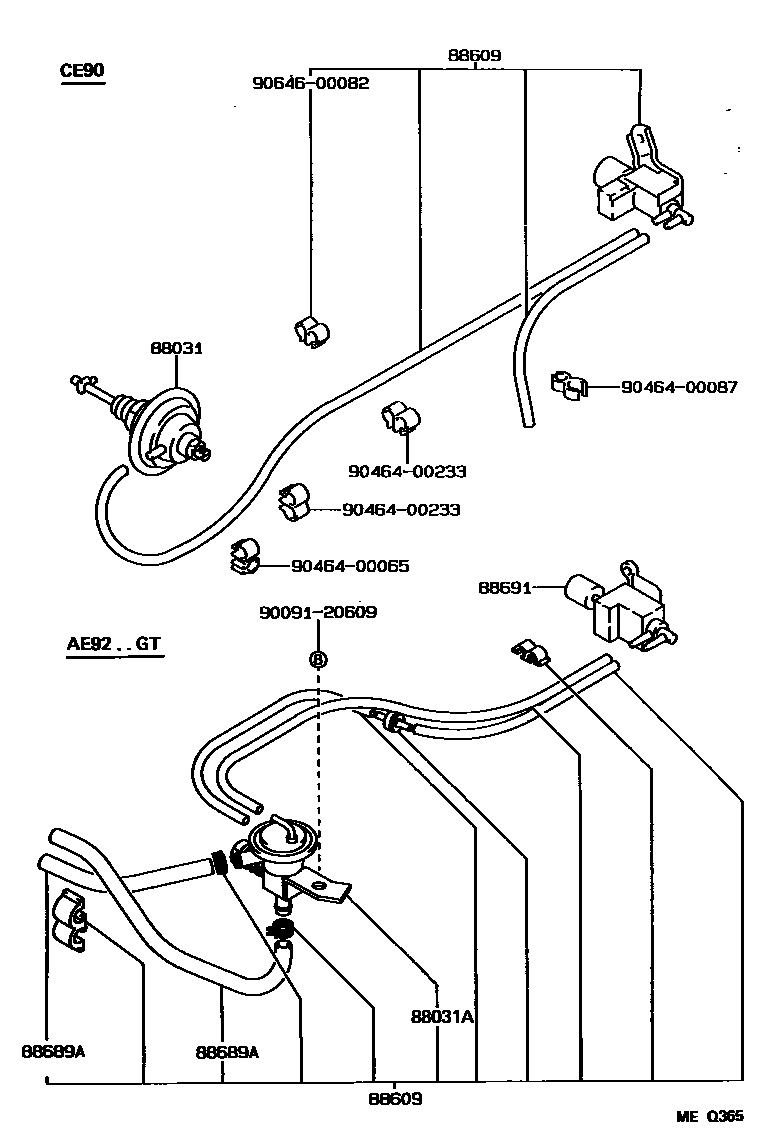 Toyota COROLLA 暖风和空调系统 - 真空管 EPC diagram — MEQ365