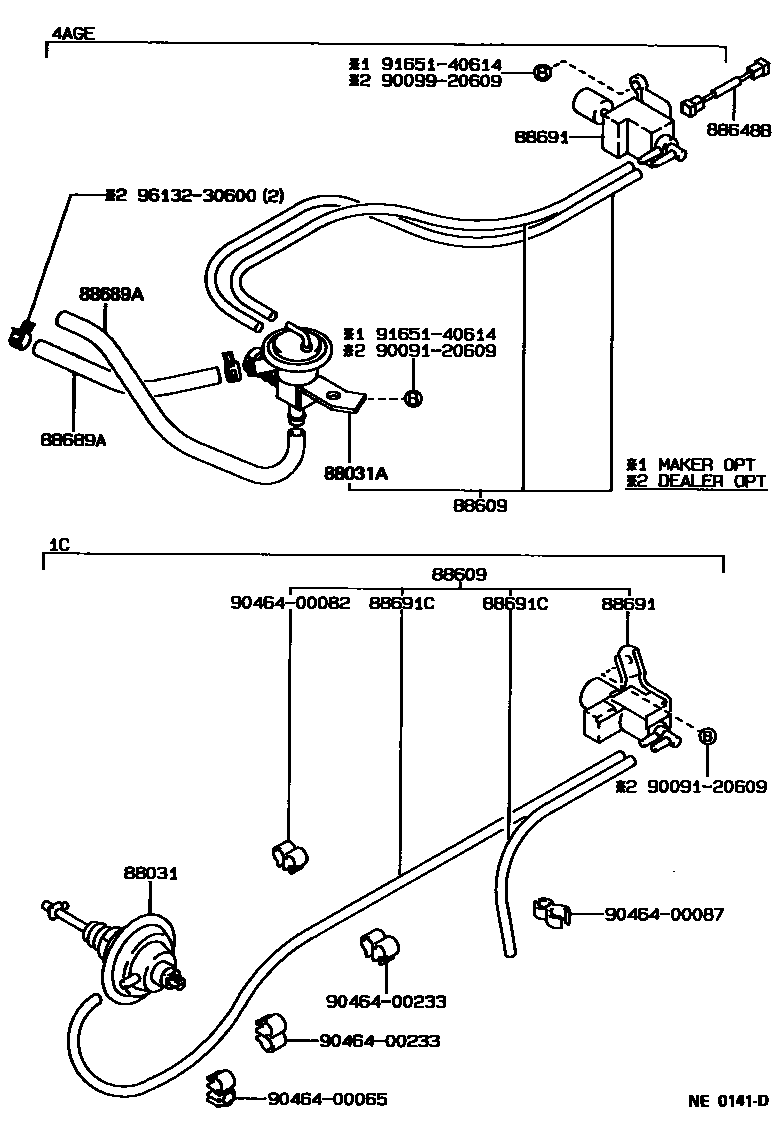 Toyota COROLLA 暖风和空调系统 - 真空管 EPC diagram — NE0141D