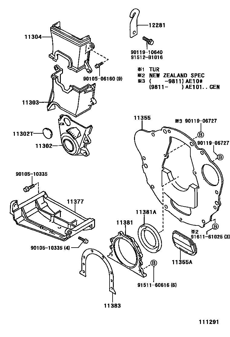 Toyota COROLLA Timing Gear Cover & Rear End Plate EPC diagram — 111291