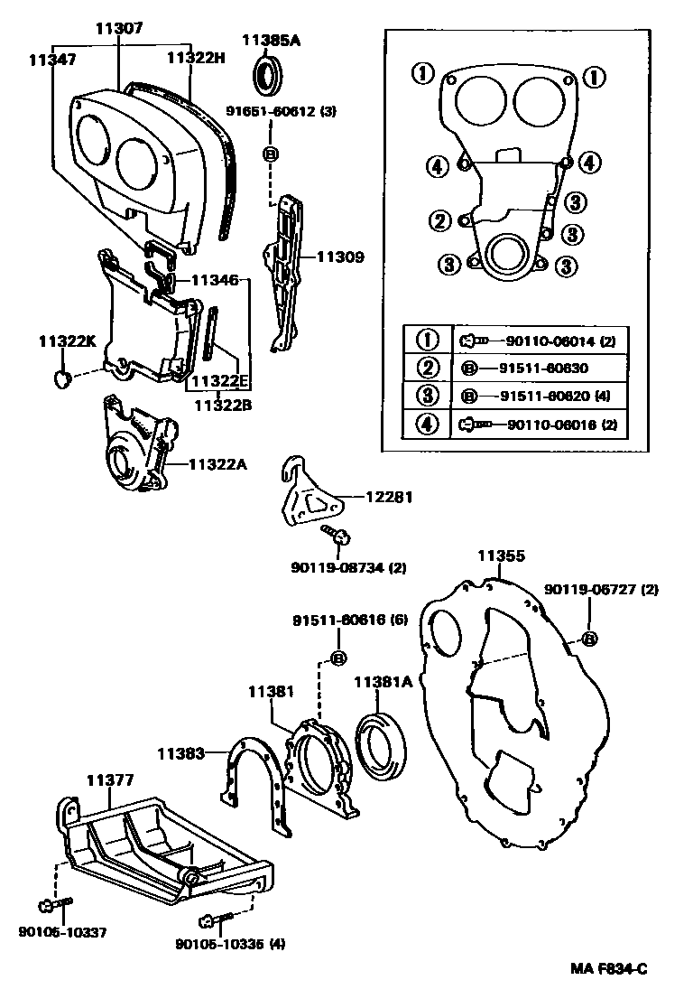Toyota COROLLA Timing Gear Cover & Rear End Plate EPC diagram — MAF834C