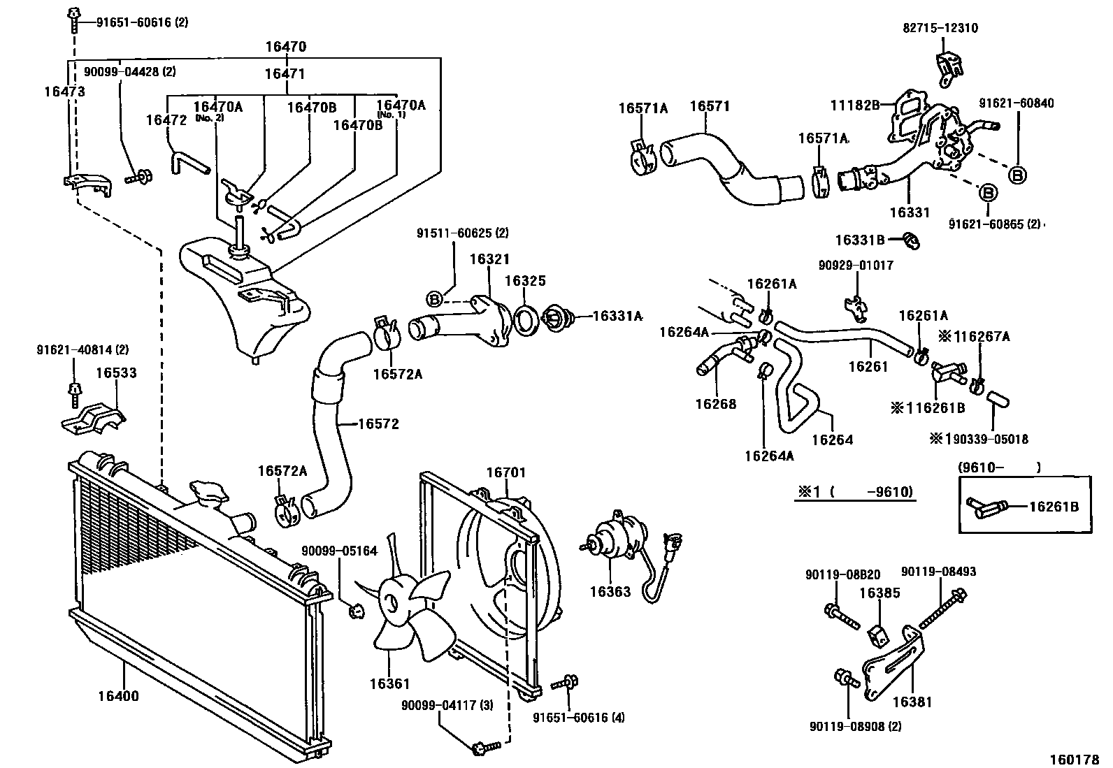 Toyota COROLLA RADIATOR & WATER OUTLET EPC diagram — 160178