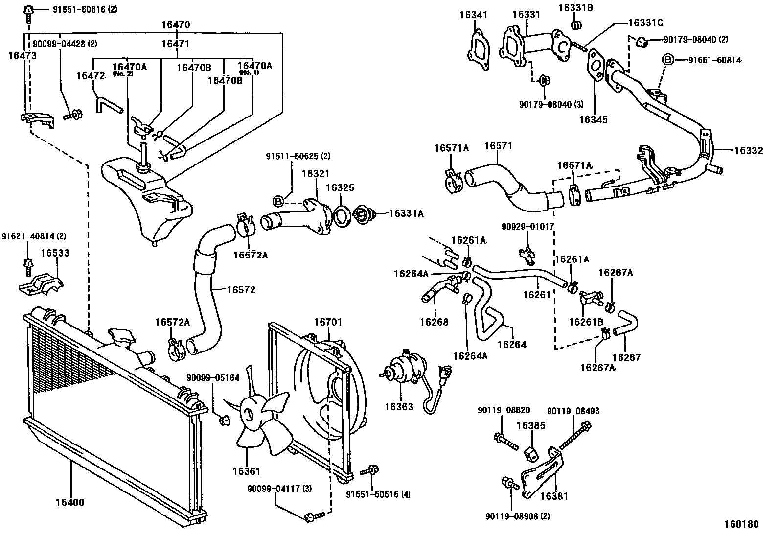 Toyota COROLLA RADIATOR & WATER OUTLET EPC diagram — 160180