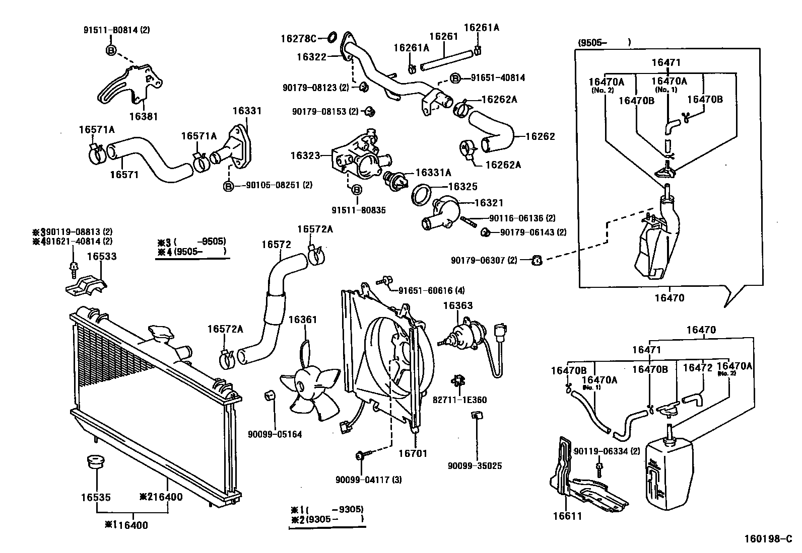 Toyota COROLLA RADIATOR & WATER OUTLET EPC diagram — 160198C