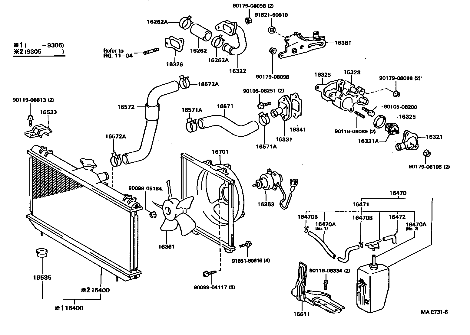 Toyota COROLLA RADIATOR & WATER OUTLET EPC diagram — MAE731B