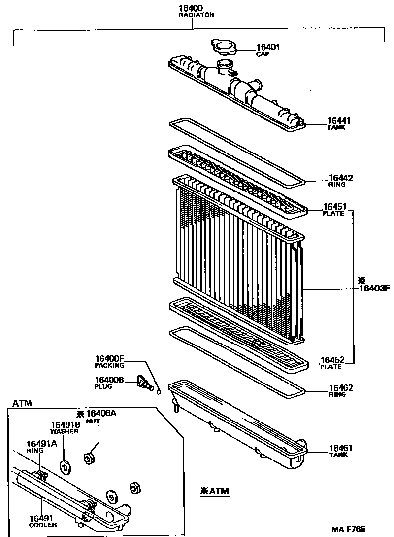 Toyota COROLLA RADIATOR & WATER OUTLET EPC diagram — MAF765