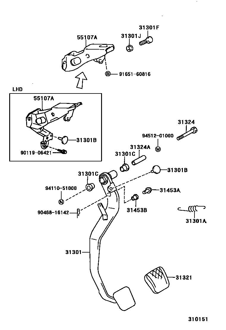 Toyota COROLLA 离合器踏板和挠性软管 EPC diagram — 310151