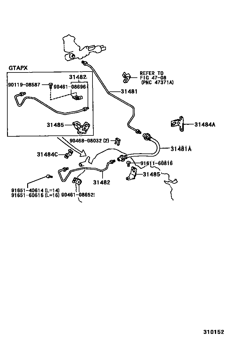 Toyota COROLLA 离合器踏板和挠性软管 EPC diagram — 310152
