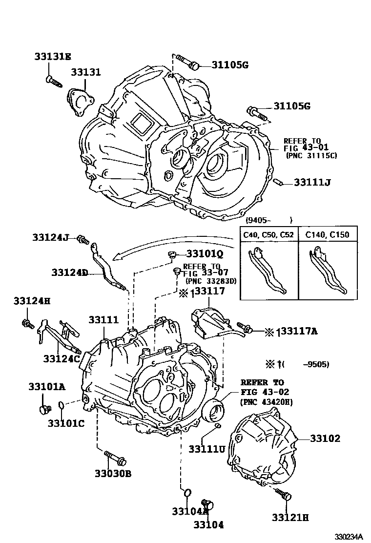 Toyota COROLLA 离合器壳和变速器壳(MTM) EPC diagram — 330234A