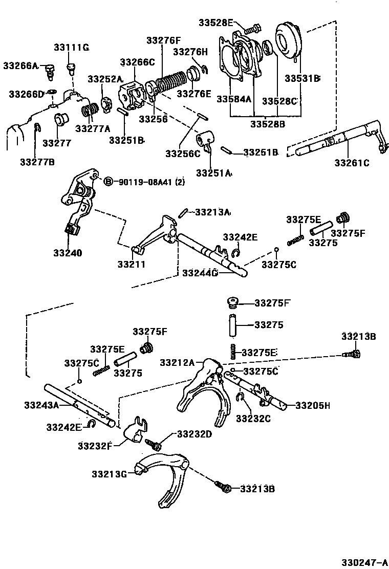 Toyota COROLLA 换档拨叉和换档杆轴(MTM) EPC diagram — 330247A