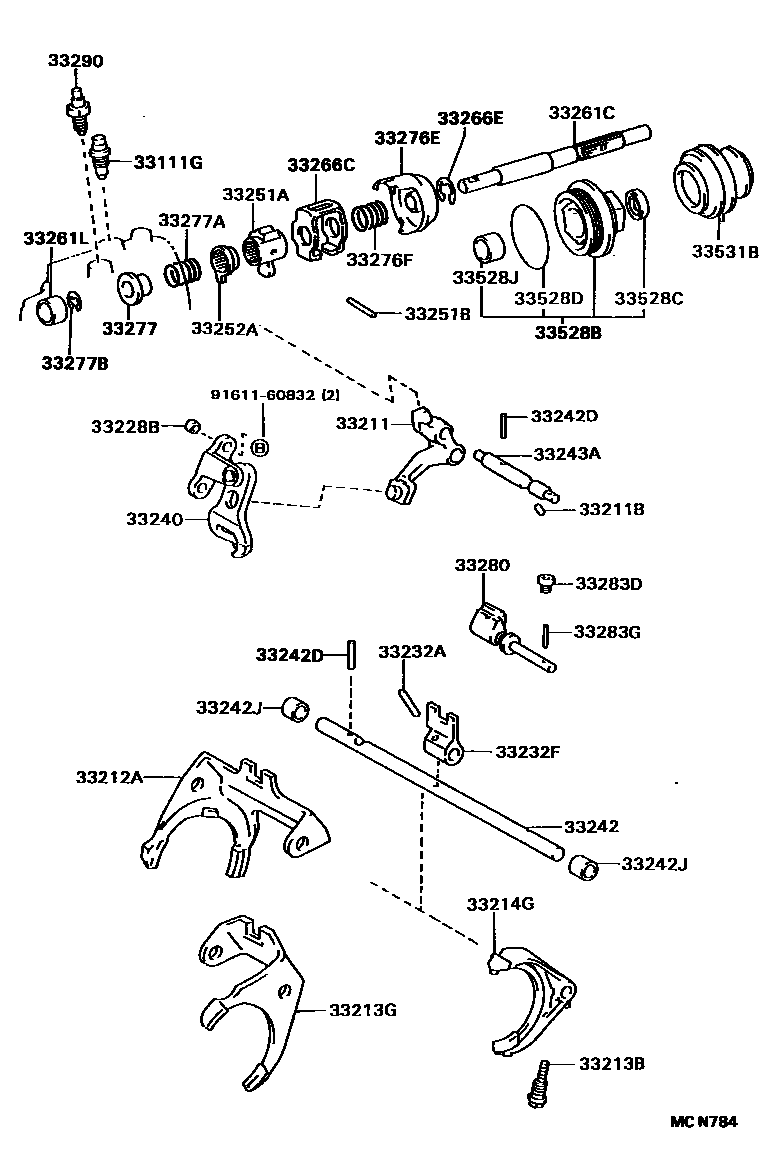 Toyota COROLLA 换档拨叉和换档杆轴(MTM) EPC diagram — MCN784
