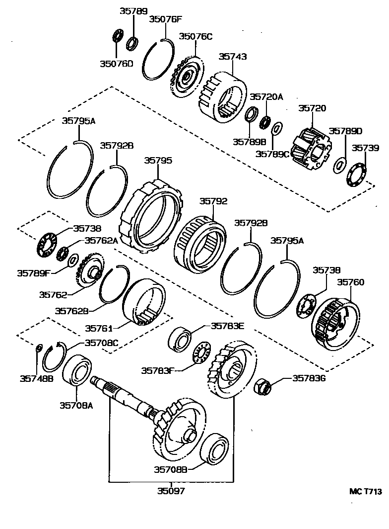 Toyota COROLLA 行星齿轮、倒档活塞和中间轴齿轮(ATM) EPC diagram — MCT713