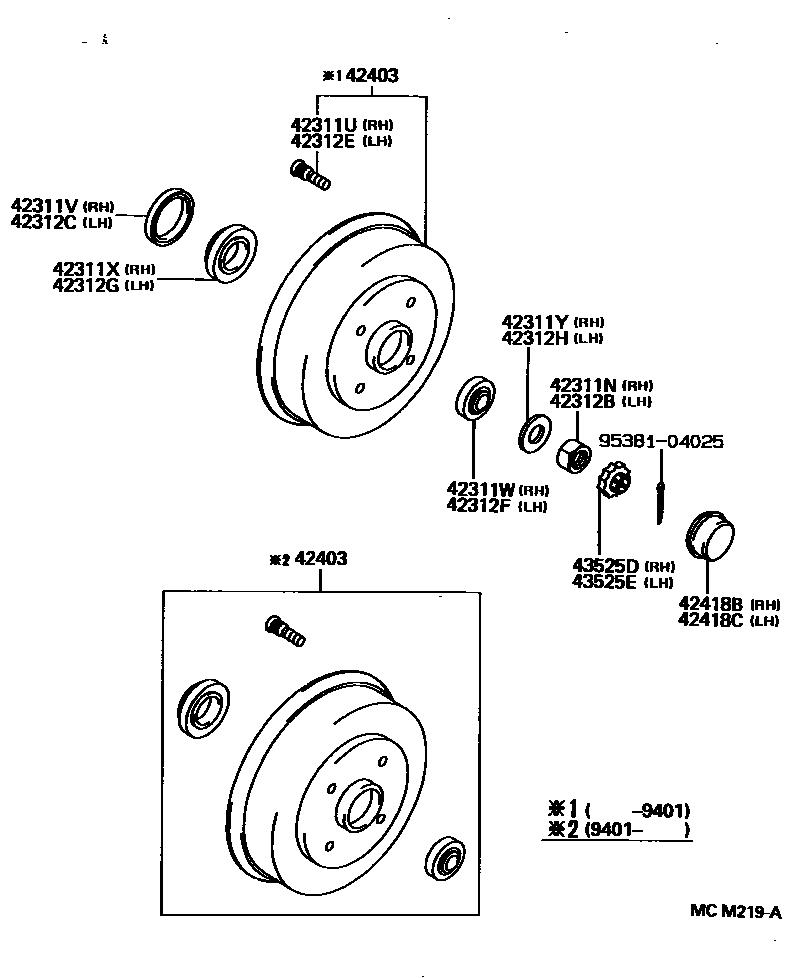 Toyota COROLLA 后桥半轴和后桥轮毂 EPC diagram — MCM219A