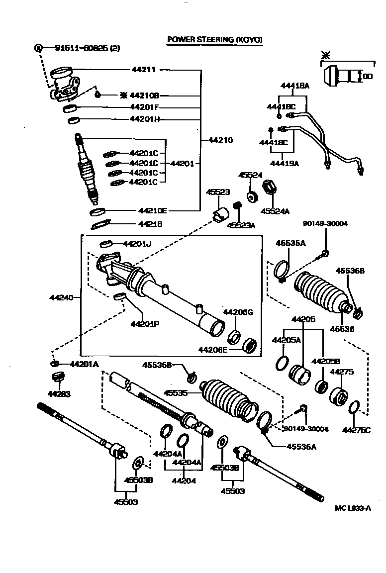 Toyota COROLLA 前转向齿轮和连杆 EPC diagram — MCL933A