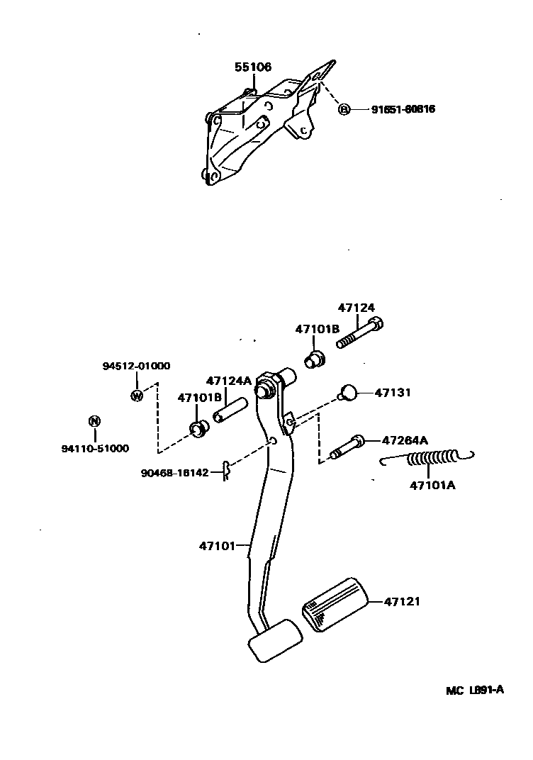 Toyota COROLLA Brake Pedal & Bracket EPC diagram — MCL891A