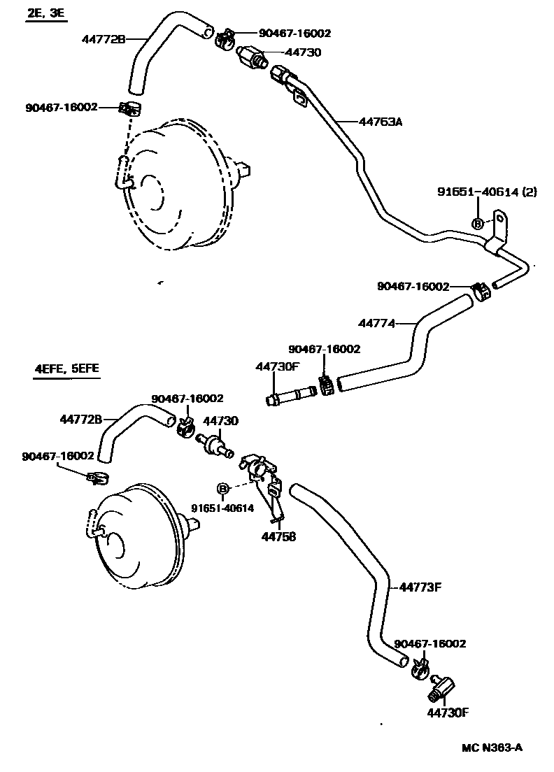Toyota COROLLA 制动助力器和真空管 EPC diagram — MCN363A